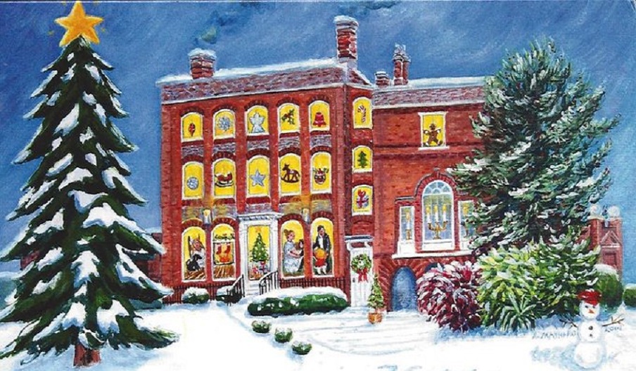 An illustration of Hollytrees House at Christmas